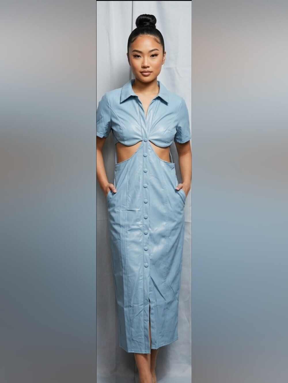 Reverof Light Blue Cutout Button-Front Midi Dress